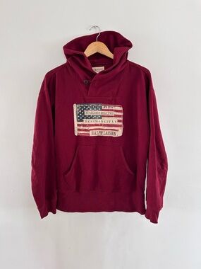 Denim & Supply Ralph Lauren Burgundy Hooded Pullover with Flag Patch